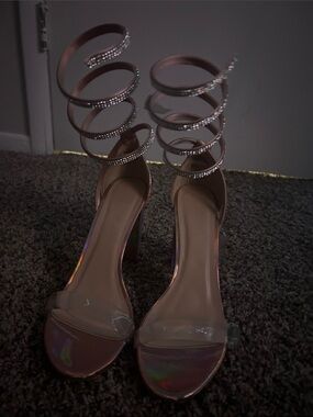 Women’s Rose Gold Spiral Ankle Strap Heels with Rhinestones